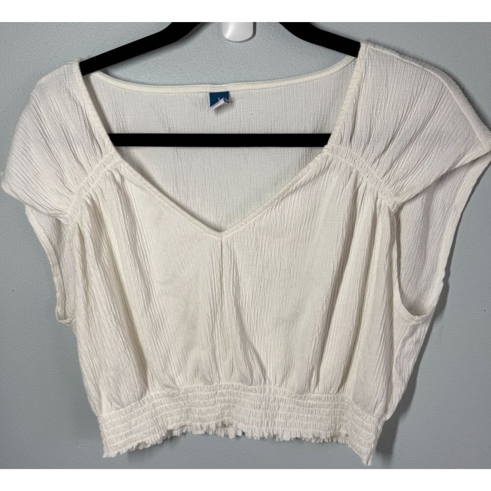 Old Navy Womens Gauzey Crop Top Large White V-Neck Smocked Hem Festival Boho